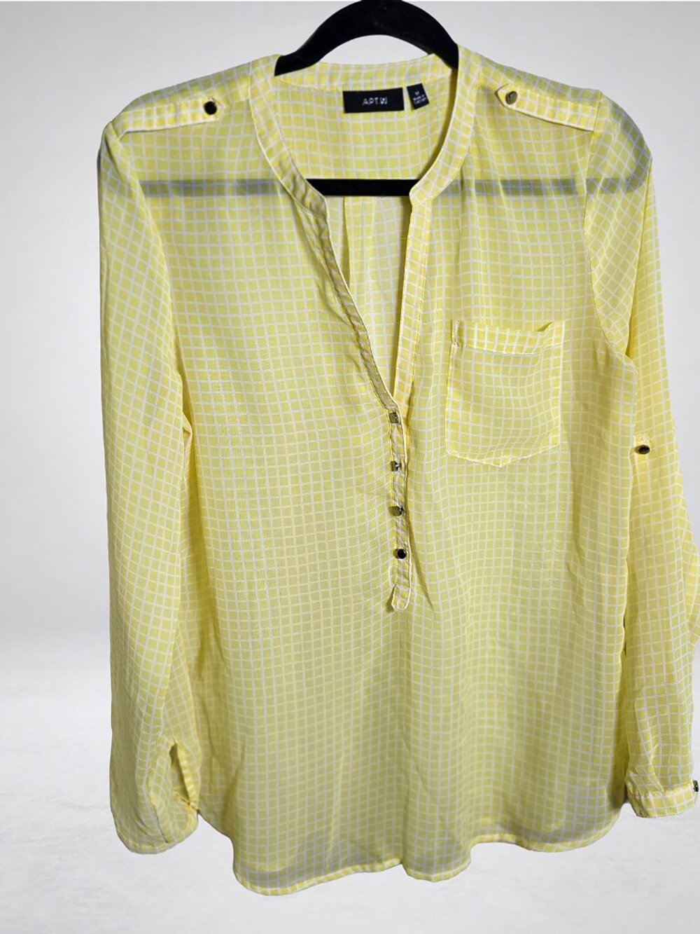 Apt.‎ 9 Yellow White Windowpane Check Blouse Womens M Epaulette